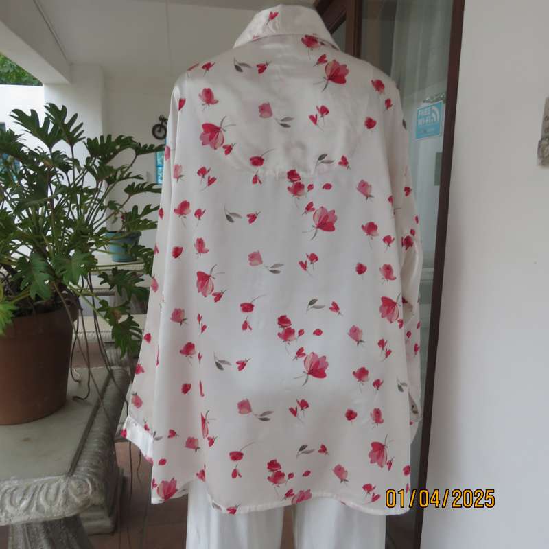 White satin with red roses long sleeve pajama button down top. Size 52