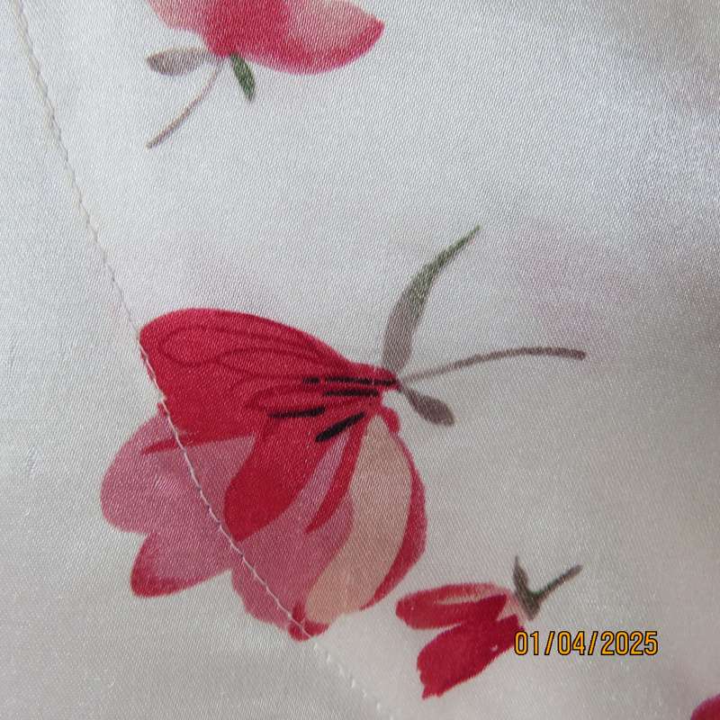White satin with red roses long sleeve pajama button down top. Size 52