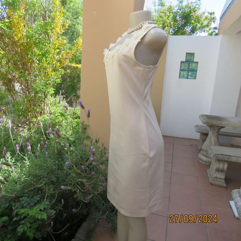 MISS L amazing rich cream shiny polyester sleeveless dress. Luxury lace deco. on neckline.Size 36