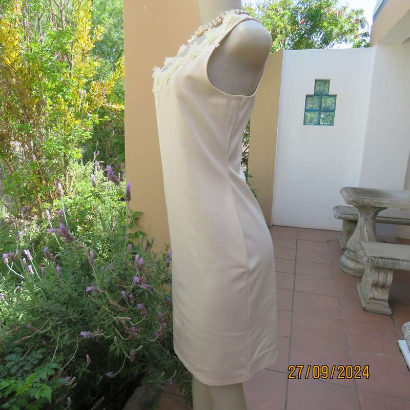 MISS L amazing rich cream shiny polyester sleeveless dress. Luxury lace deco. on neckline.Size 36