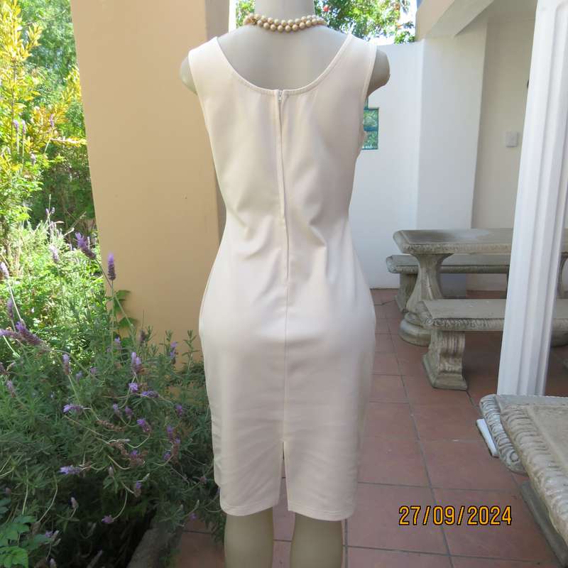 MISS L amazing rich cream shiny polyester sleeveless dress. Luxury lace deco. on neckline.Size 36