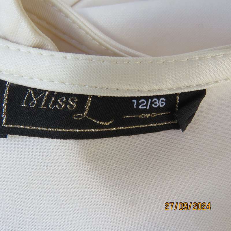 MISS L amazing rich cream shiny polyester sleeveless dress. Luxury lace deco. on neckline.Size 36