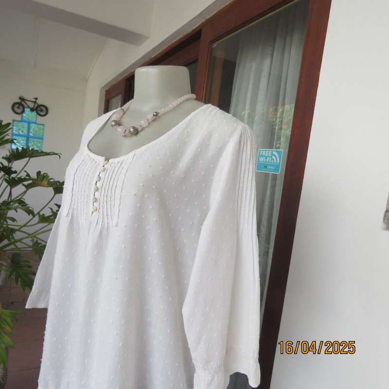 White swiss dot cotton slip over size 42 top with elbow length sleeves.