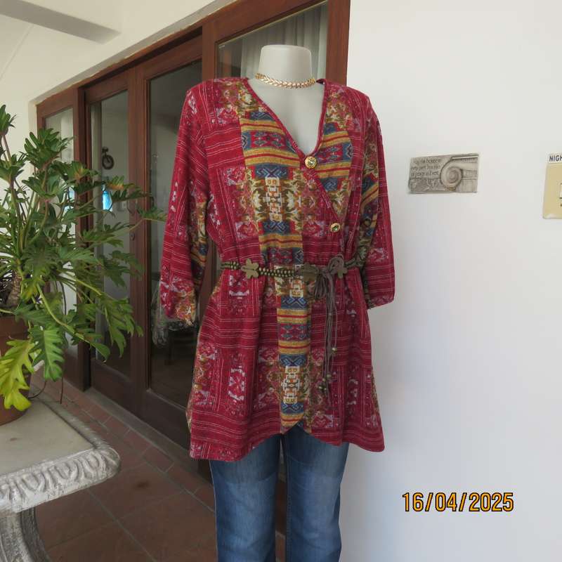 Warm peplum style stretch polyester crimson red geometric print top size 40 to 42.