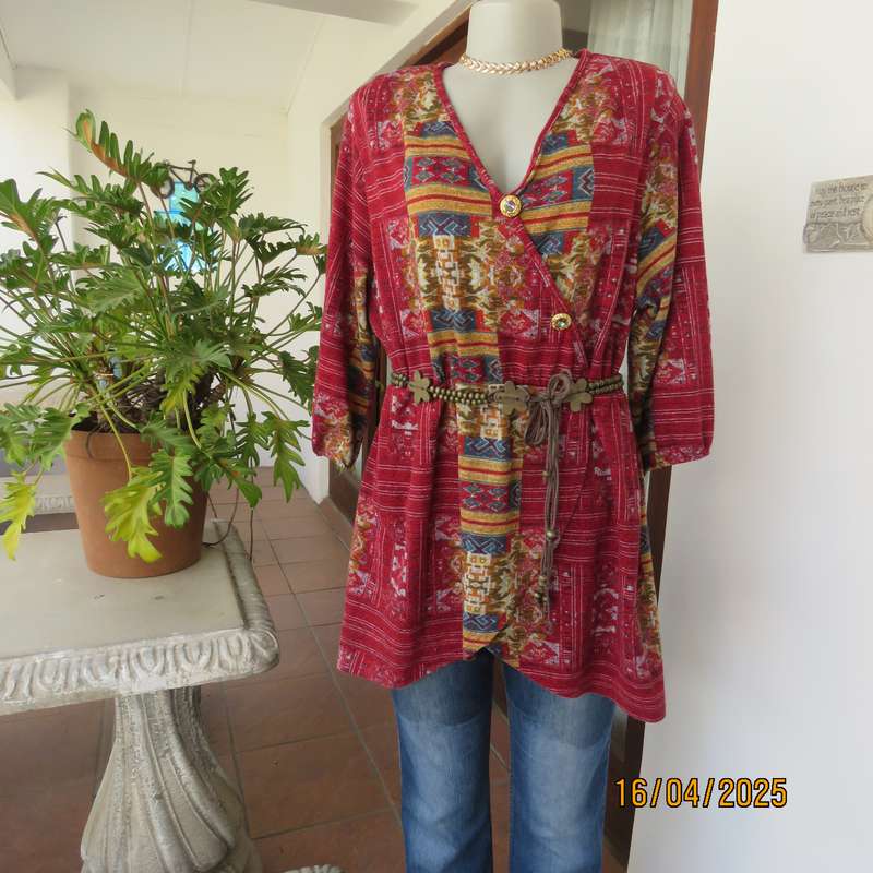 Warm peplum style stretch polyester crimson red geometric print top size 40 to 42.