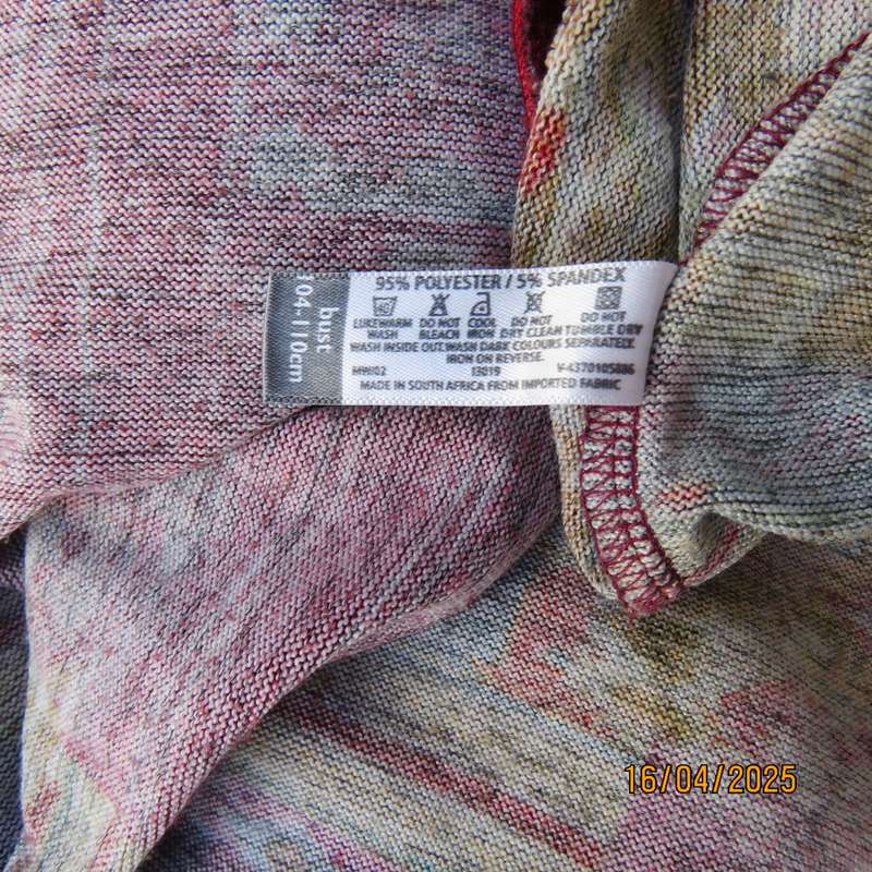 Warm peplum style stretch polyester crimson red geometric print top size 40 to 42.