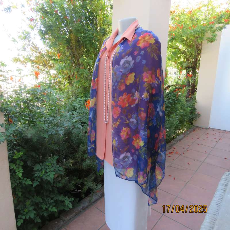 Royal blue 185 x 70cm soft polyester scarf with yellow-orange-blue flowers,. New