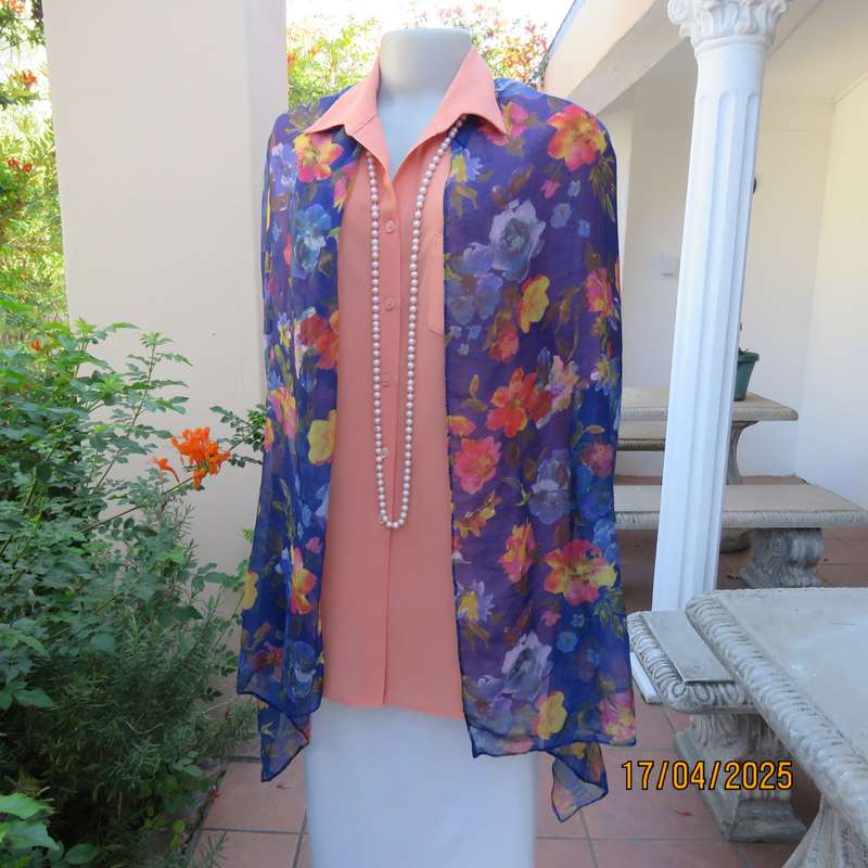Royal blue 185 x 70cm soft polyester scarf with yellow-orange-blue flowers,. New