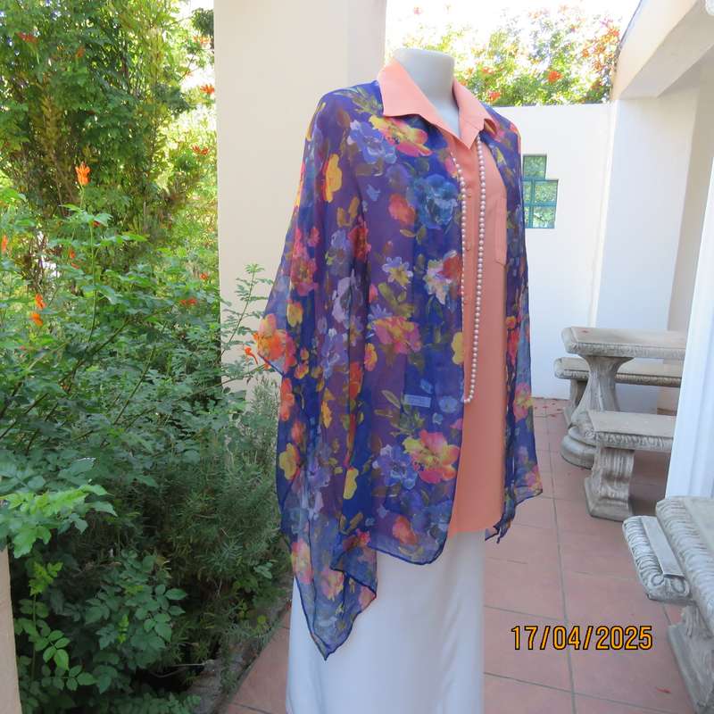 Royal blue 185 x 70cm soft polyester scarf with yellow-orange-blue flowers,. New
