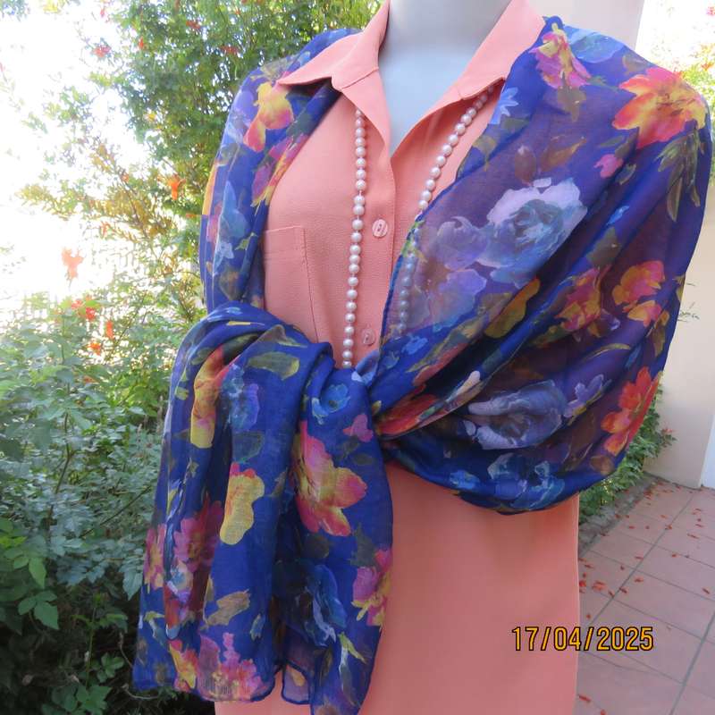 Royal blue 185 x 70cm soft polyester scarf with yellow-orange-blue flowers,. New