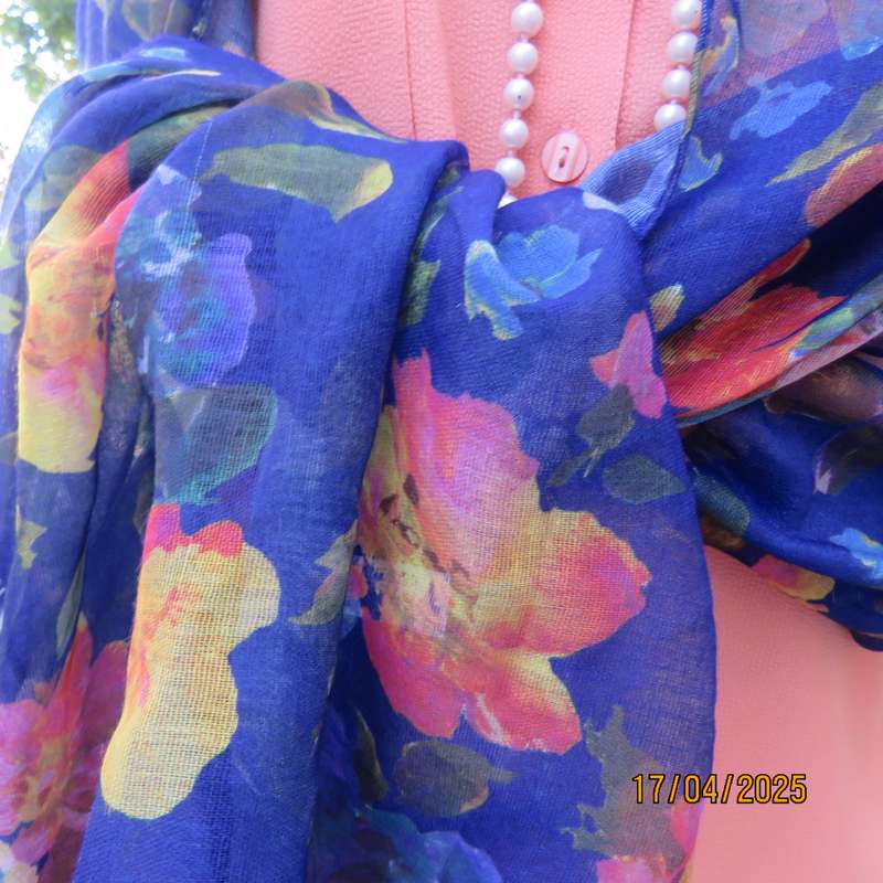 Royal blue 185 x 70cm soft polyester scarf with yellow-orange-blue flowers,. New