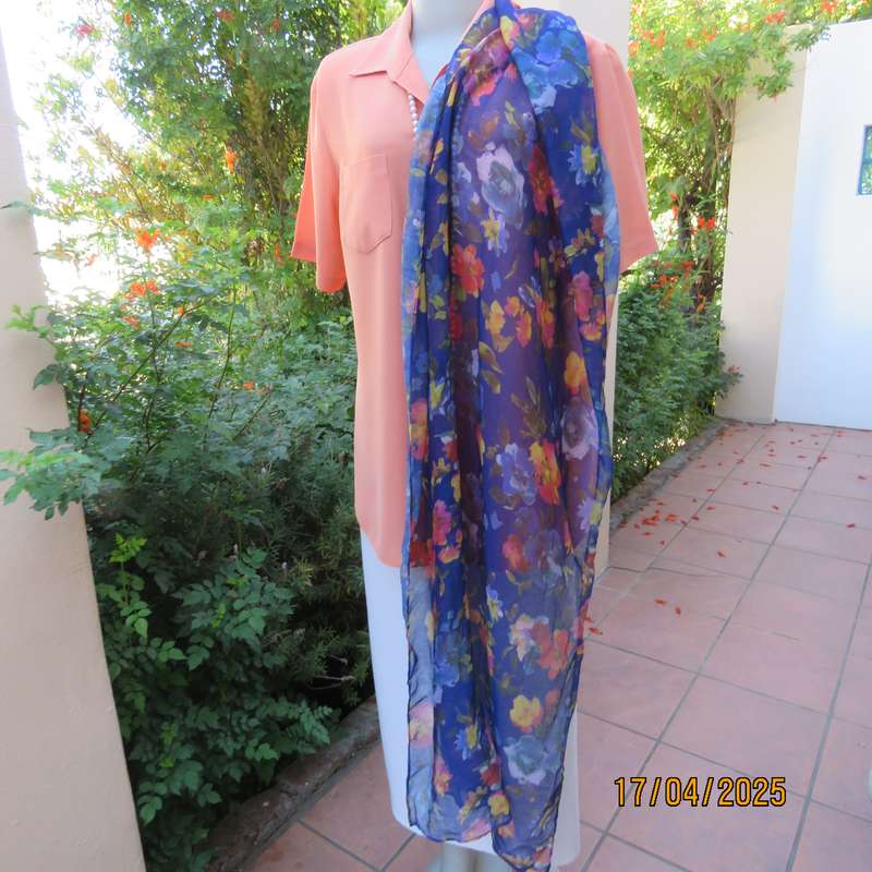 Royal blue 185 x 70cm soft polyester scarf with yellow-orange-blue flowers,. New