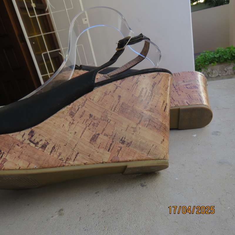 Black faux leather open toe sandals with cork wedge heels size 8. Good Cond.