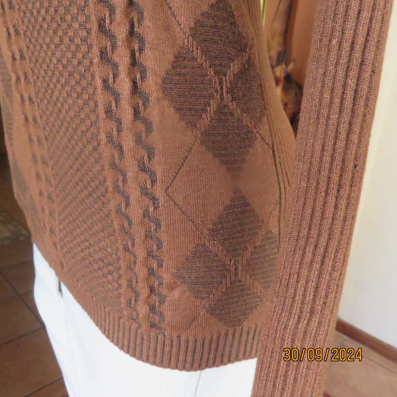 Fabulous long sleeve pullover in golden browns. Knitted in stretch polyester yarn.Size 36 to 38.