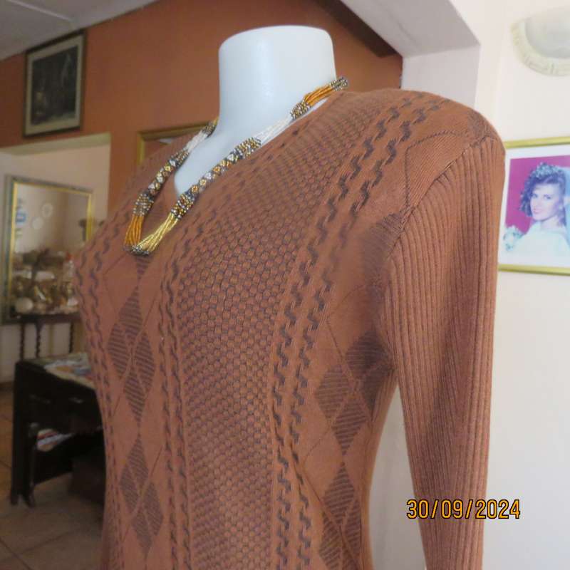 Fabulous long sleeve pullover in golden browns. Knitted in stretch polyester yarn.Size 36 to 38.