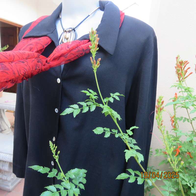 Black long sleeve textured polyester button down top size 42.