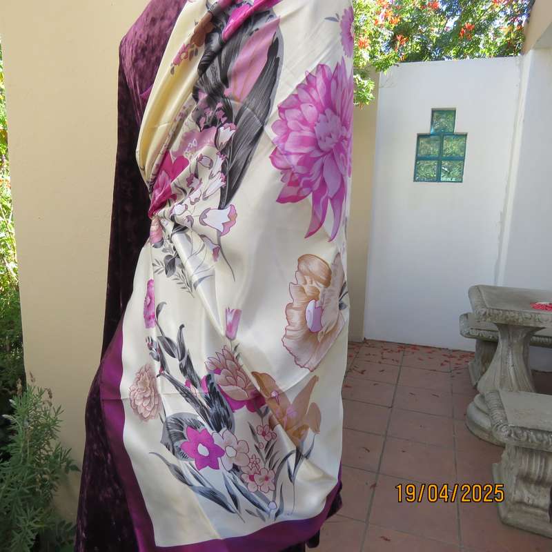 Stunning 90 x 90 square scarf in silky polyester. Rich cream with violet frame and flowers.