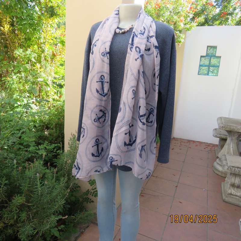 Stunning 100% viscose pinkish grey scarf with navy anchors and rope.