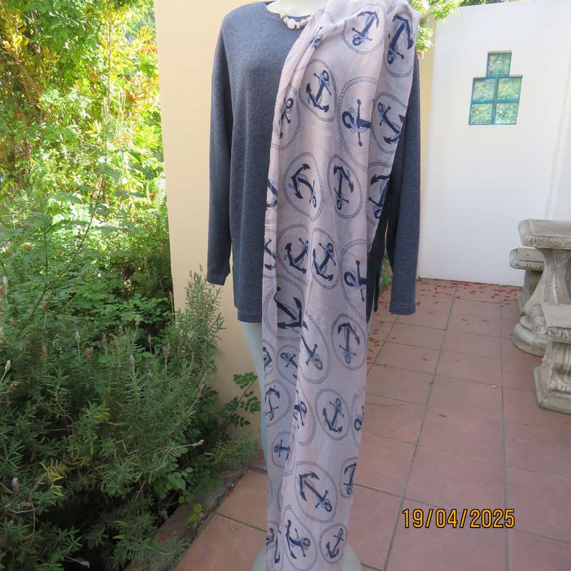 Stunning 100% viscose pinkish grey scarf with navy anchors and rope.