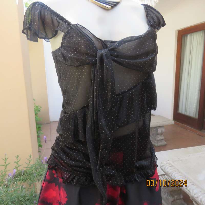 Sexy black DREA my MINX sheer nylon top with silver dots.Size 32/8 with diagonal frill all around