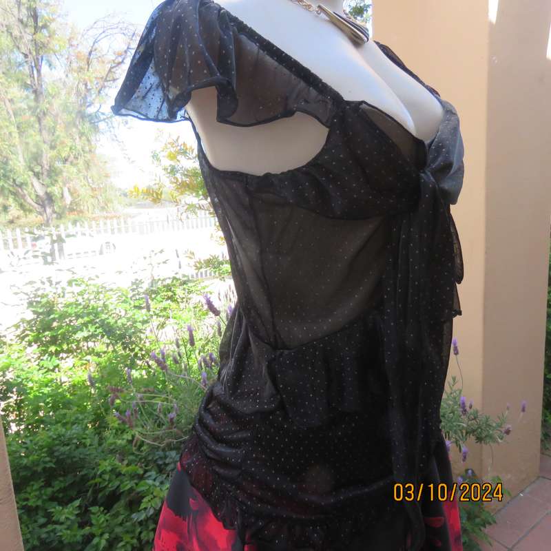 Sexy black DREA my MINX sheer nylon top with silver dots.Size 32/8 with diagonal frill all around