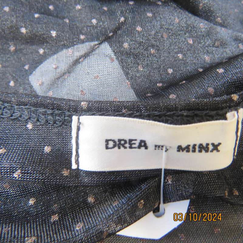 Sexy black DREA my MINX sheer nylon top with silver dots.Size 32/8 with diagonal frill all around