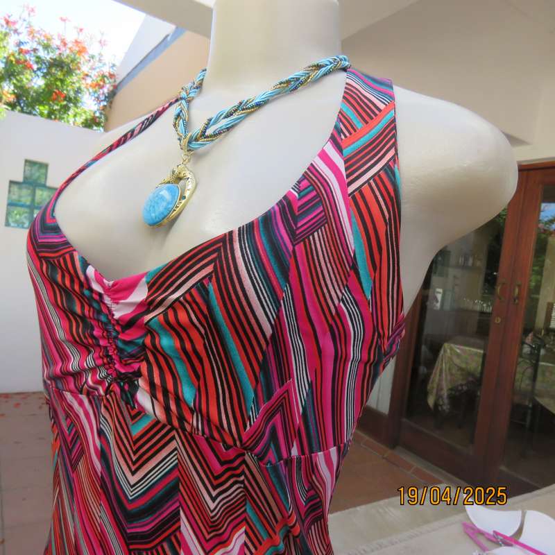 EXACT maxi halter neck colourful stretch polyester dress in geometric stripes. Size 32