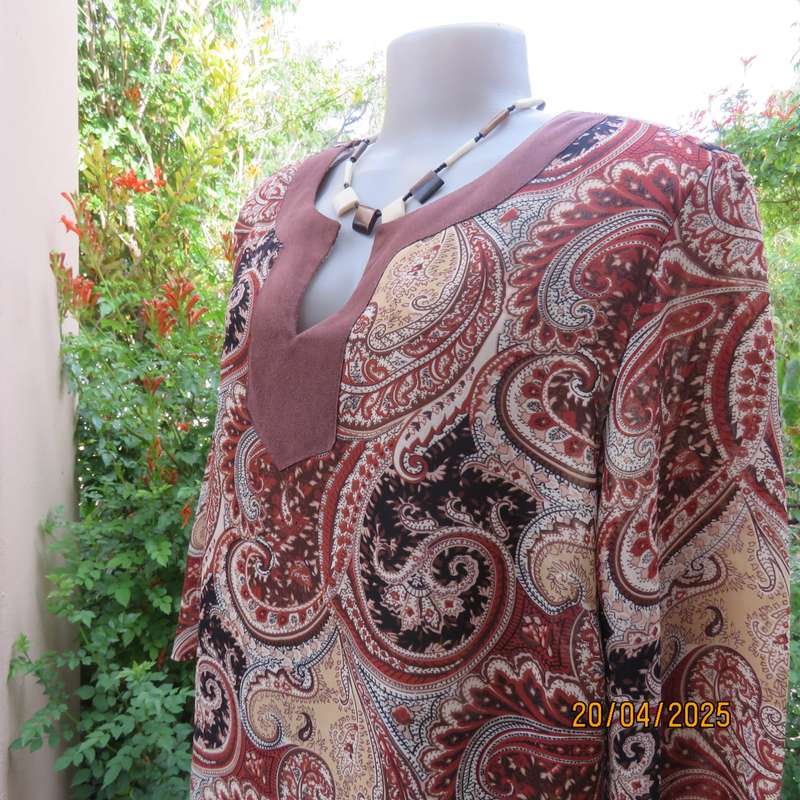 RENE TAYLOR long polyester top in brown - cream baroque patterns. Size 40.
