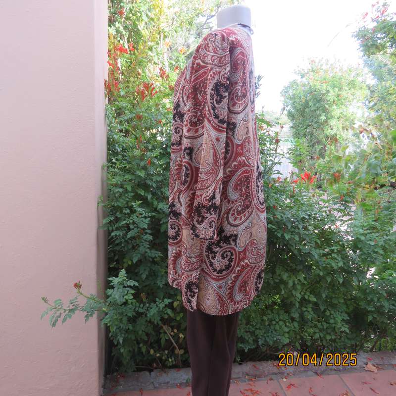 RENE TAYLOR long polyester top in brown - cream baroque patterns. Size 40.