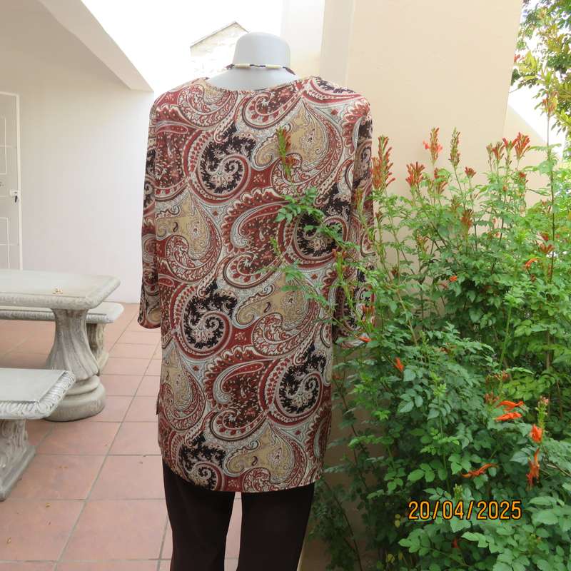 RENE TAYLOR long polyester top in brown - cream baroque patterns. Size 40.