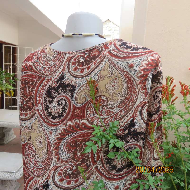 RENE TAYLOR long polyester top in brown - cream baroque patterns. Size 40.