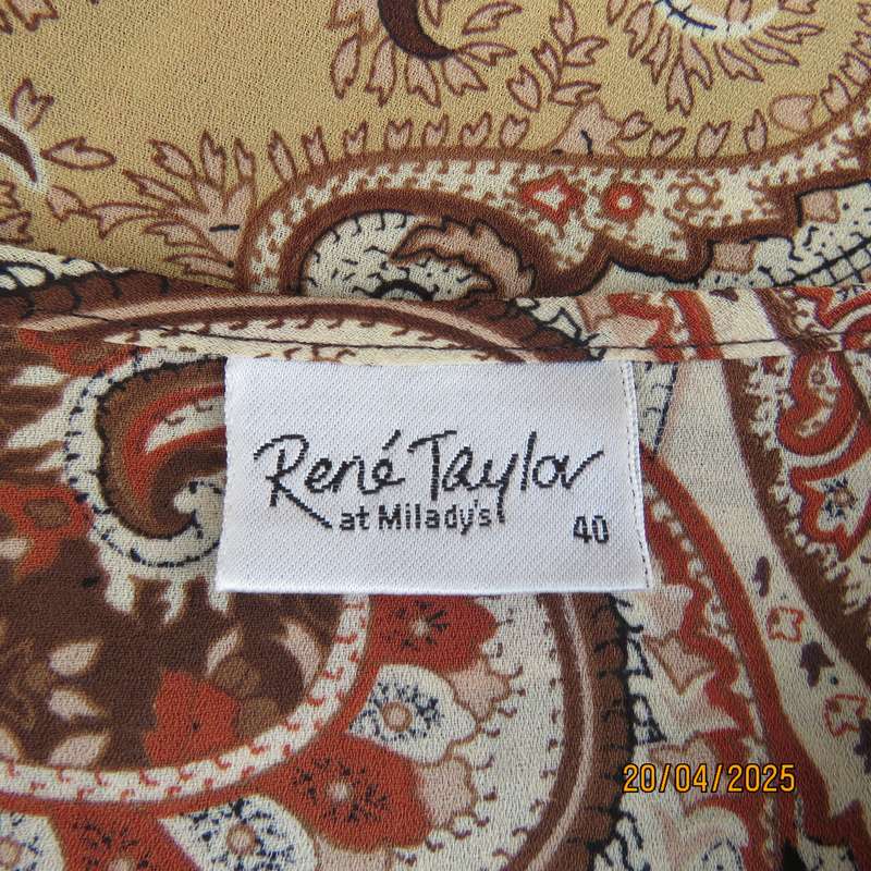 RENE TAYLOR long polyester top in brown - cream baroque patterns. Size 40.