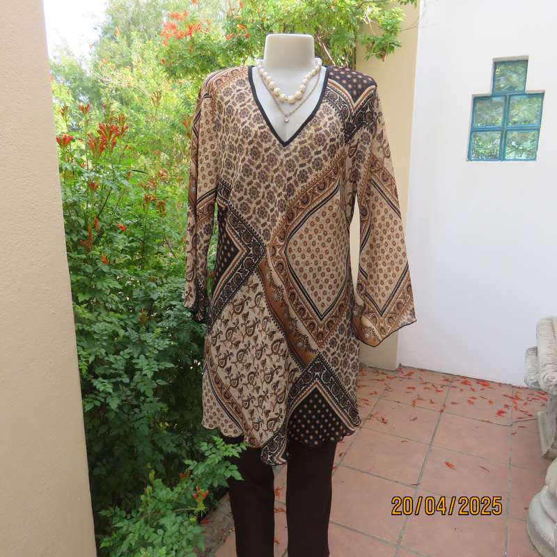 DONNA CLAIRE sheer polyester long top in brown-cream-black bo-ho print. Size 42