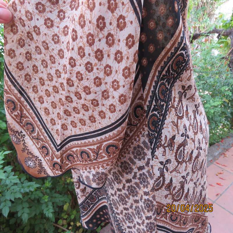 DONNA CLAIRE sheer polyester long top in brown-cream-black bo-ho print. Size 42