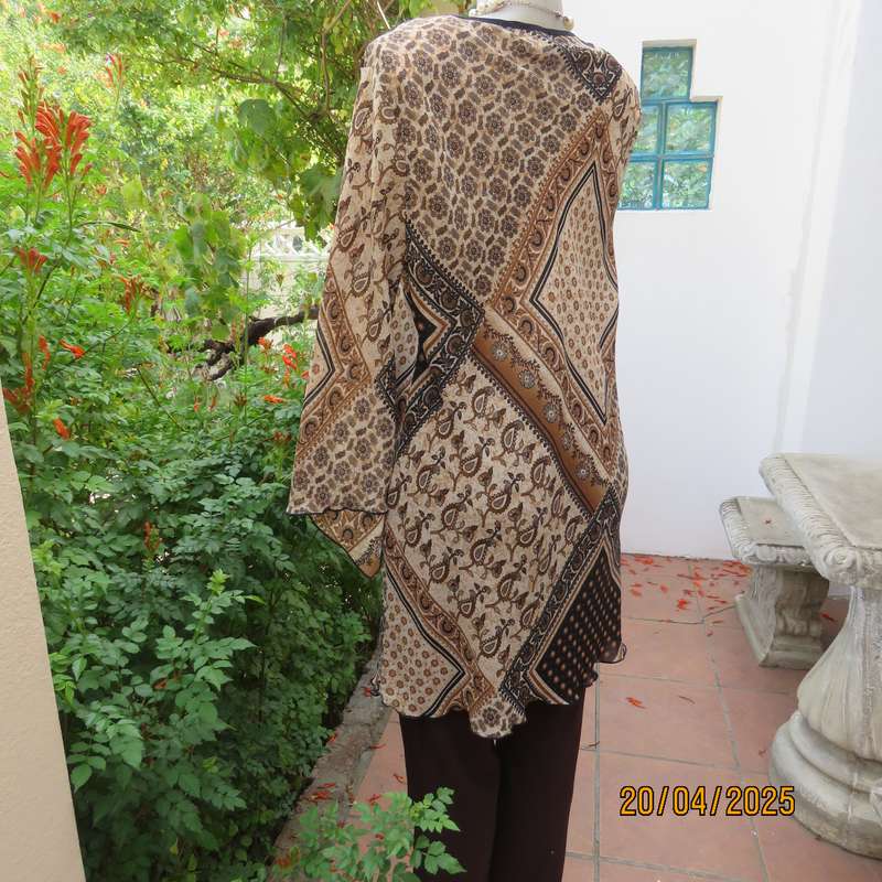 DONNA CLAIRE sheer polyester long top in brown-cream-black bo-ho print. Size 42
