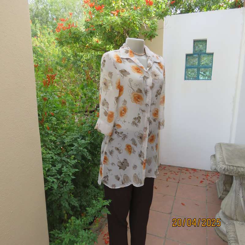 ZOEY long button down crinkled polyester top with open collar. Cream-orange flowers. Size 34