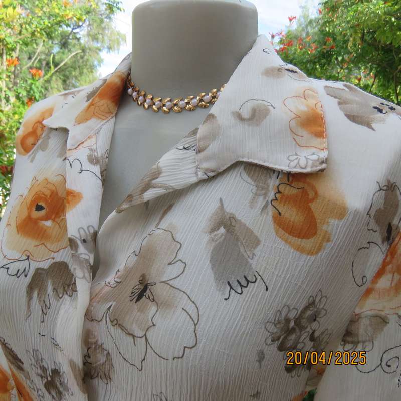 ZOEY long button down crinkled polyester top with open collar. Cream-orange flowers. Size 34