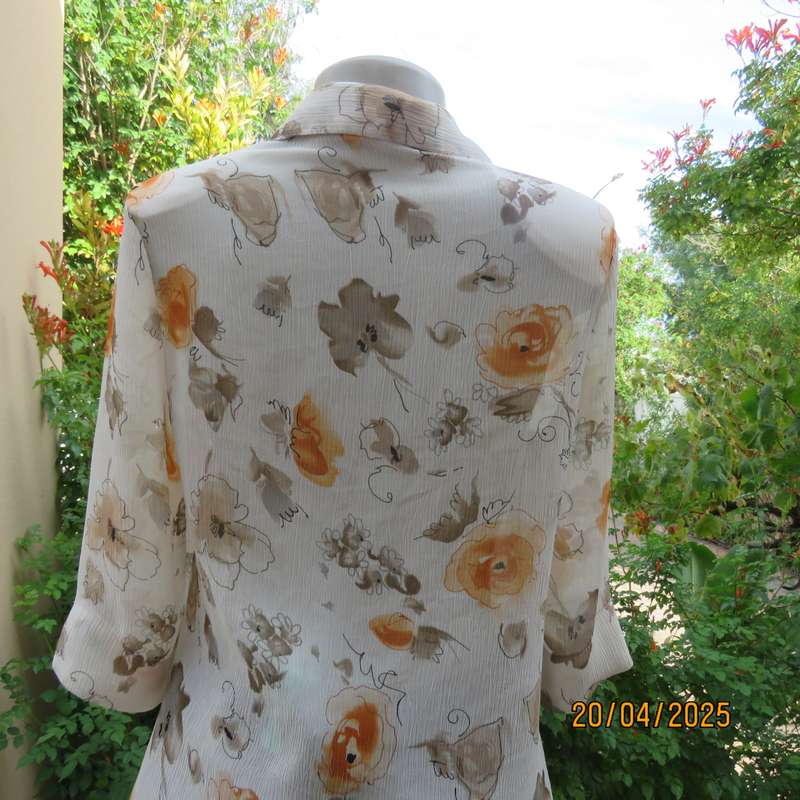 ZOEY long button down crinkled polyester top with open collar. Cream-orange flowers. Size 34
