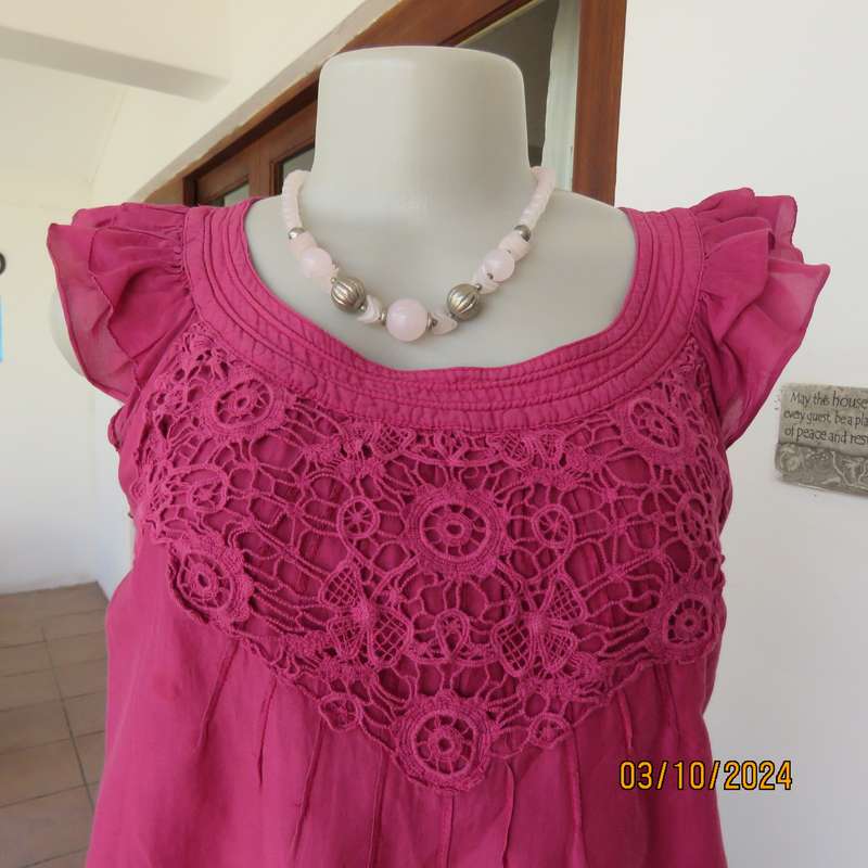 High quality Magenta pink lace front top with small frilled sleeves.Size 34/10 by `LTD WOMAN`.