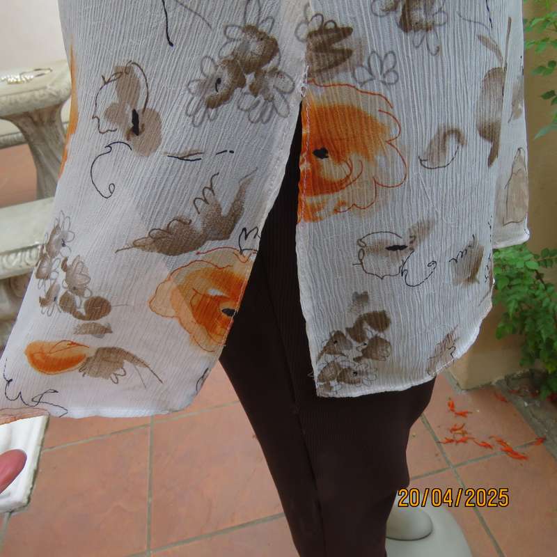 ZOEY long button down crinkled polyester top with open collar. Cream-orange flowers. Size 34
