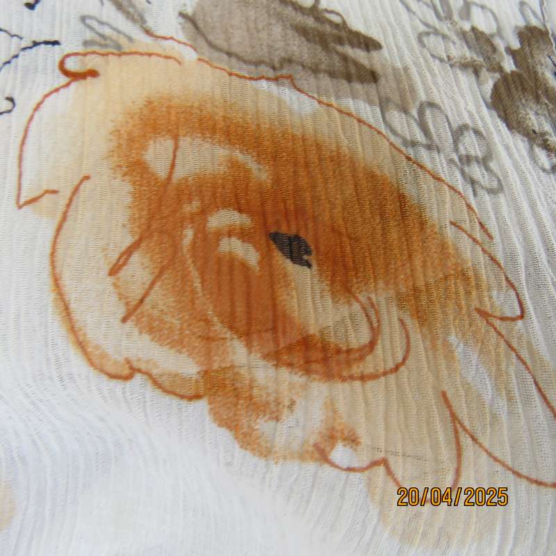 ZOEY long button down crinkled polyester top with open collar. Cream-orange flowers. Size 34
