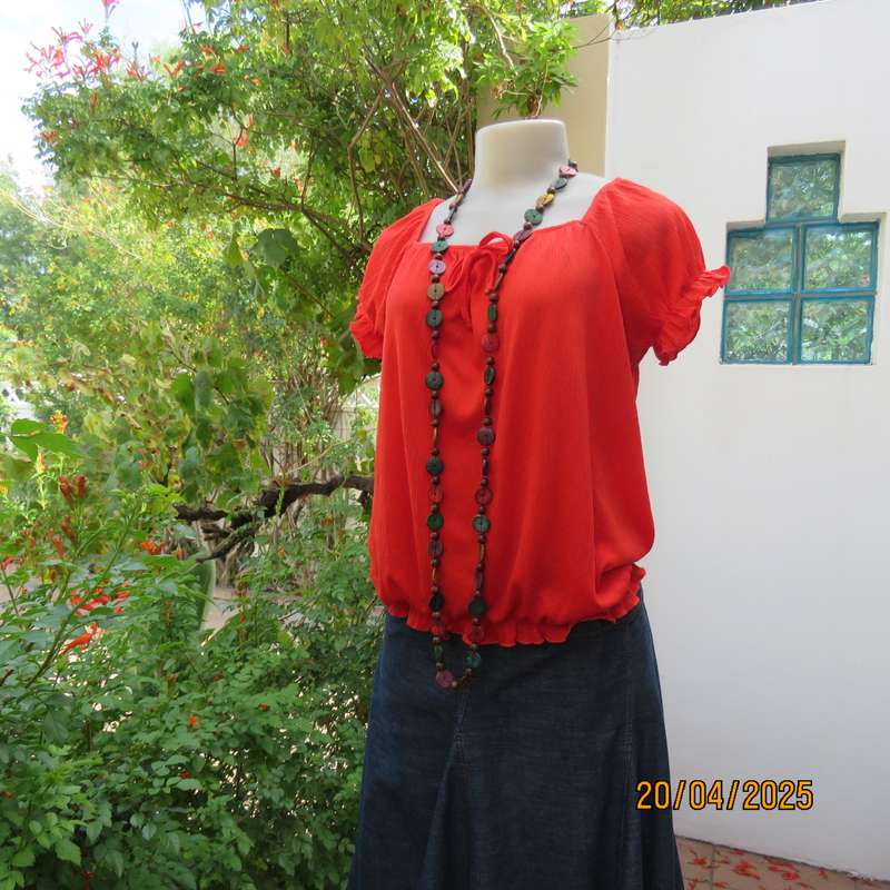 Crimson red peasant style stretch creased polyester size 42 top.