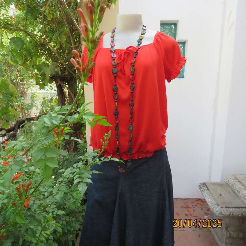 Crimson red peasant style stretch creased polyester size 42 top.