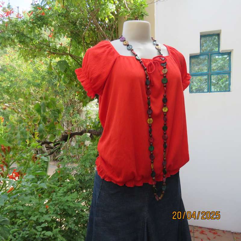 Crimson red peasant style stretch creased polyester size 42 top.