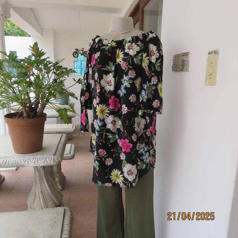 JUDY'S PRIDE  black floral long polyester top with colourful flowers. Size 40