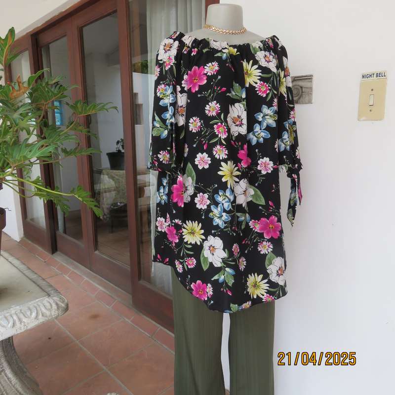 JUDY'S PRIDE  black floral long polyester top with colourful flowers. Size 40