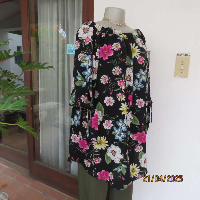 JUDY'S PRIDE  black floral long polyester top with colourful flowers. Size 40