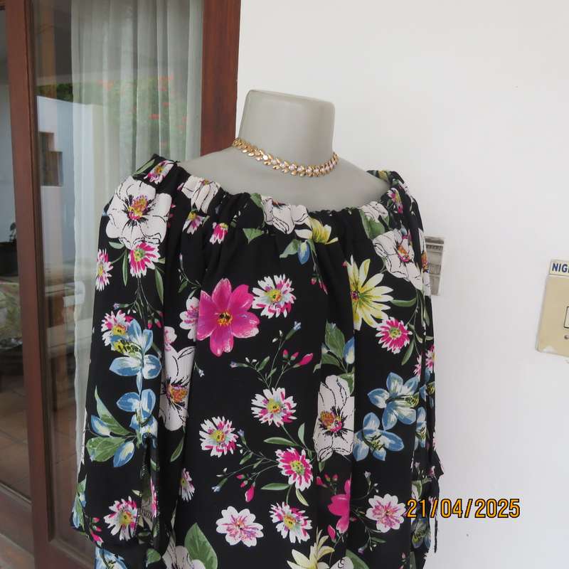 JUDY'S PRIDE  black floral long polyester top with colourful flowers. Size 40