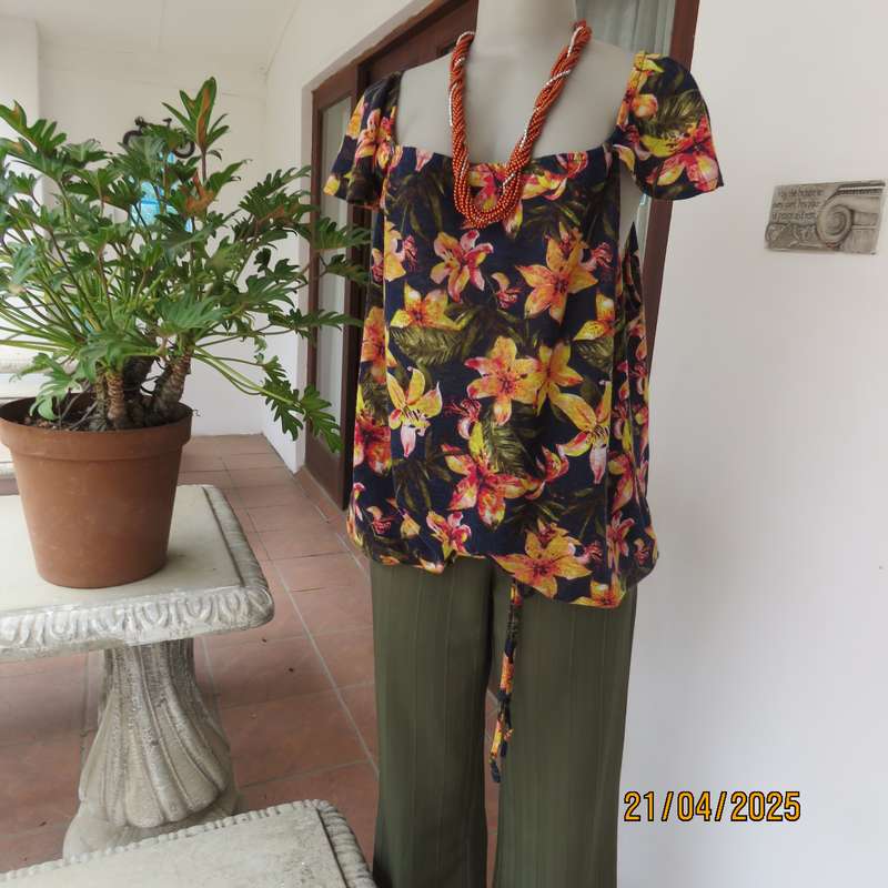 Navy off the shoulder polyester top with yellow-orange lilies. Size 44