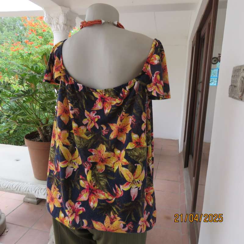 Navy off the shoulder polyester top with yellow-orange lilies. Size 44